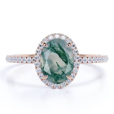 Moss Green Agate And Moissanite dendrítico branco leitoso natural Ovate pavimenta o anel de noivado do halo