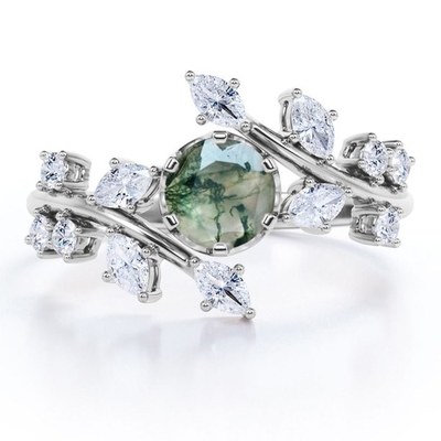 O círculo do dente do projeto 6 da folha do ramo deu forma ao anel opaco de Moss Green Agate And Moissanitet