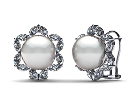 diamante do ouro 14K branco &amp; pérola cultivada de água doce branca Marquise Earring