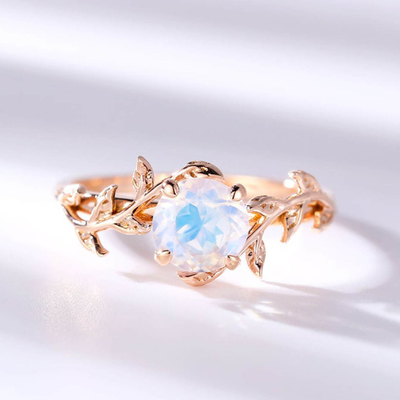 corte de círculo da flor da folha de 14K Rose Gold Moonstone Wedding Rings