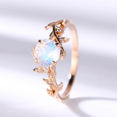 corte de círculo da flor da folha de 14K Rose Gold Moonstone Wedding Rings