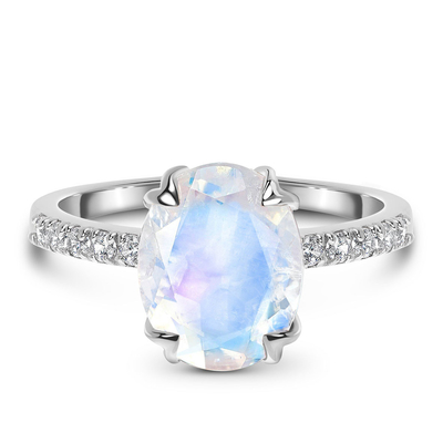 anéis ovais de Ring With CZ do aniversário das mulheres do acoplamento de Moonstone do corte do ouro 14K branco