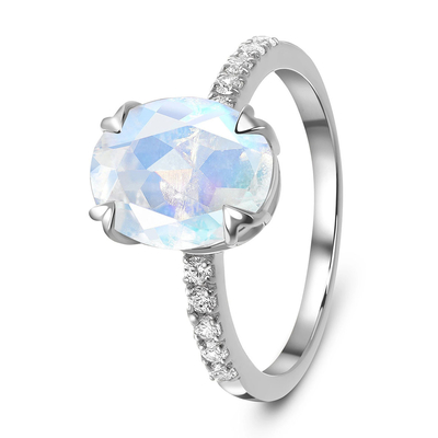 anéis ovais de Ring With CZ do aniversário das mulheres do acoplamento de Moonstone do corte do ouro 14K branco