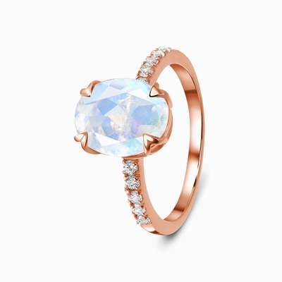 anéis ovais de Ring With CZ do aniversário das mulheres do acoplamento de Moonstone do corte do ouro 14K branco