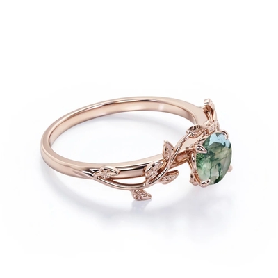 A natureza inspirou Moss Agate Solitaire Engagement Ring verde natural Forest Ring