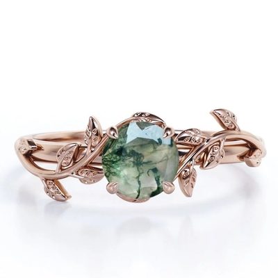 A natureza inspirou Moss Agate Solitaire Engagement Ring verde natural Forest Ring