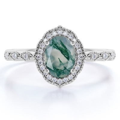 Ágata verde dendrítico branca leitosa do corte oval do halo do dente e anel de noivado antigo do projeto de Moissanite Miligreen