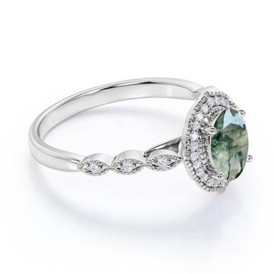 Ágata verde dendrítico branca leitosa do corte oval do halo do dente e anel de noivado antigo do projeto de Moissanite Miligreen
