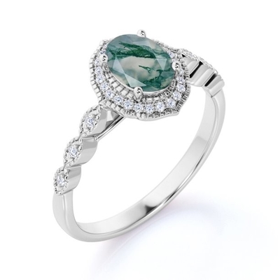 Ágata verde dendrítico branca leitosa do corte oval do halo do dente e anel de noivado antigo do projeto de Moissanite Miligreen