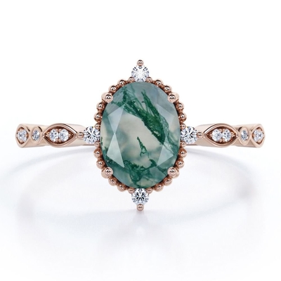 Anel alternativo verde natural oval de Moss Agate Artsy - aliança de casamento feito a mão