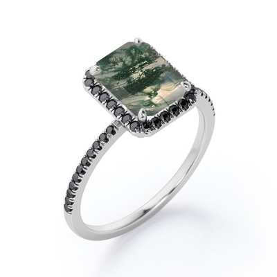 A ágata de Emerald Cut Moss Green do Halo-estilo com laboratório criou acentos pretos de Diamond Engagement Ring With Pave