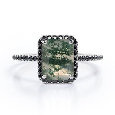 A ágata de Emerald Cut Moss Green do Halo-estilo com laboratório criou acentos pretos de Diamond Engagement Ring With Pave