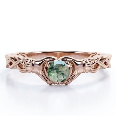 Ágata clara de Druzy Moss Green do corte brilhante redondo - anel de noivado trançado