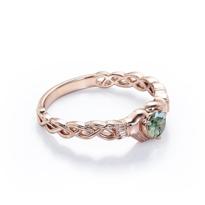 Ágata clara de Druzy Moss Green do corte brilhante redondo - anel de noivado trançado