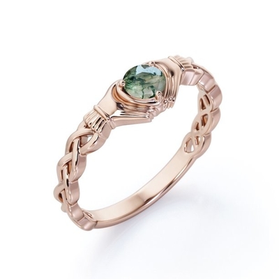 Ágata clara de Druzy Moss Green do corte brilhante redondo - anel de noivado trançado