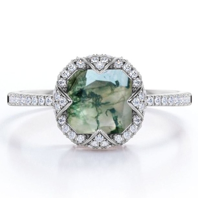 O conjunto Asscher da moldura do halo cortou a ágata leitosa opaca de Moss Green e Moissanite pavimenta o anel de noivado