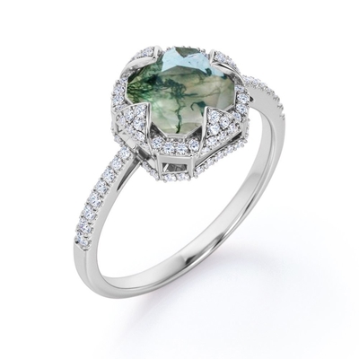 O conjunto Asscher da moldura do halo cortou a ágata leitosa opaca de Moss Green e Moissanite pavimenta o anel de noivado