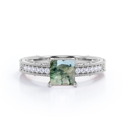 A beira da princesa Cut Natural Druzy Moss Green Agate And Moissanite Milgrain vitoriano pavimenta o anel de noivado