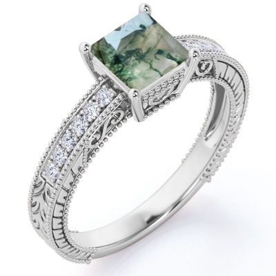 A beira da princesa Cut Natural Druzy Moss Green Agate And Moissanite Milgrain vitoriano pavimenta o anel de noivado