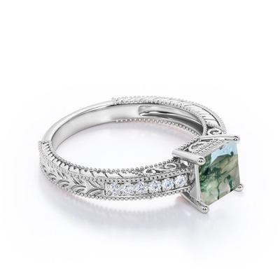 A beira da princesa Cut Natural Druzy Moss Green Agate And Moissanite Milgrain vitoriano pavimenta o anel de noivado