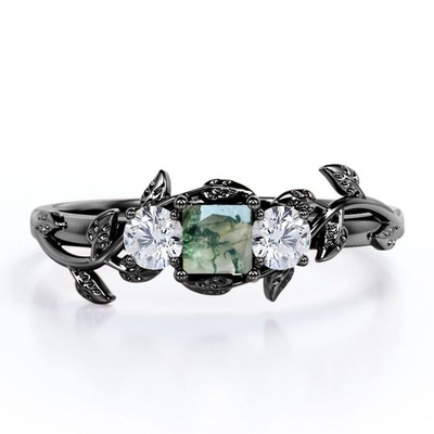 Princesa Cut Milky White Moss Green Agate do quilate do projeto da folha do ramo e chapeamento de Moissanite sobre a prata