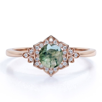 O círculo do dente do projeto 4 do vintage dá forma ao anel de noivado floral branco leitoso do conjunto de Druzy Moss Green Agate And Moissanite