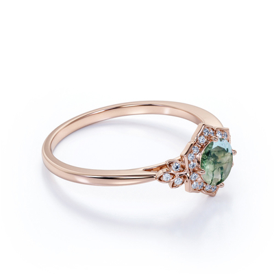 O círculo do dente do projeto 4 do vintage dá forma ao anel de noivado floral branco leitoso do conjunto de Druzy Moss Green Agate And Moissanite