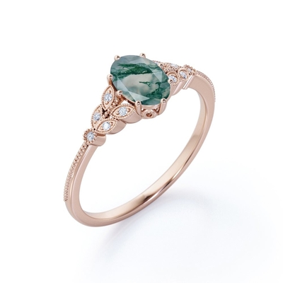 anel de noivado natural Ovate filigrana do dente do conjunto 6 de Milgrain Druzy Moss Green Agate And Moissanite da Marquise-forma