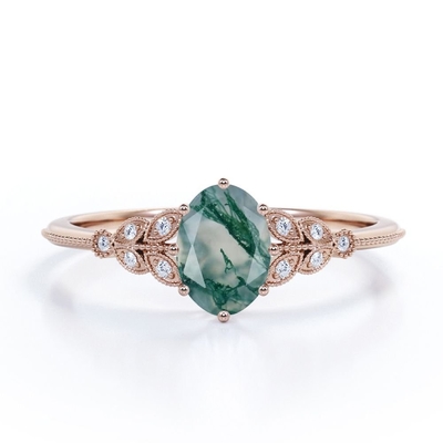 anel de noivado natural Ovate filigrana do dente do conjunto 6 de Milgrain Druzy Moss Green Agate And Moissanite da Marquise-forma