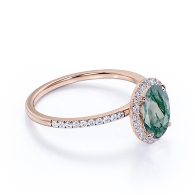 Moss Green Agate And Moissanite dendrítico branco leitoso natural Ovate pavimenta o anel de noivado do halo