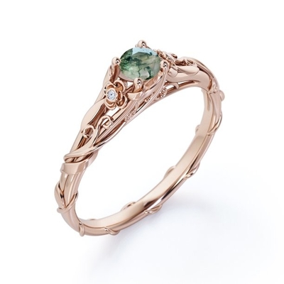 Moldura floral futura atual passada corte de círculo Moss Green Agate de 0,55 quilates e videira transparentes naturais Engagemen de Moissanite
