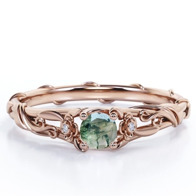 Moldura floral futura atual passada corte de círculo Moss Green Agate de 0,55 quilates e videira transparentes naturais Engagemen de Moissanite