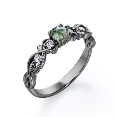 O sólido cortado brilhante veou finamente Moss Green Agate e o anel de noivado filigrana do estilo vitoriano de Moisssanite