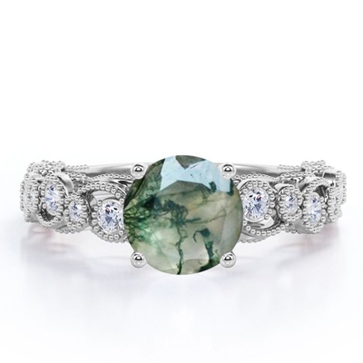 Resplendor filigrana de Milgrain em volta do anel de noivado antigo do estilo do dente genuíno de Druzy Moss Green Agate And Moissanite 4