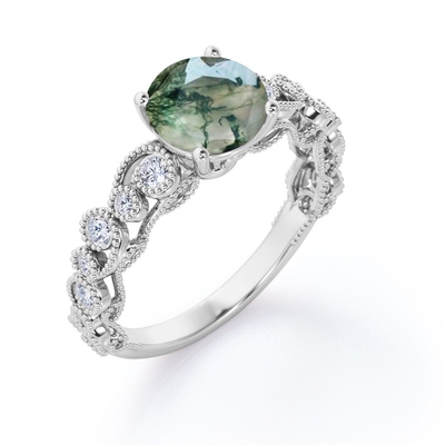 Resplendor filigrana de Milgrain em volta do anel de noivado antigo do estilo do dente genuíno de Druzy Moss Green Agate And Moissanite 4