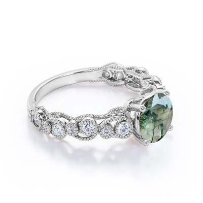 Resplendor filigrana de Milgrain em volta do anel de noivado antigo do estilo do dente genuíno de Druzy Moss Green Agate And Moissanite 4