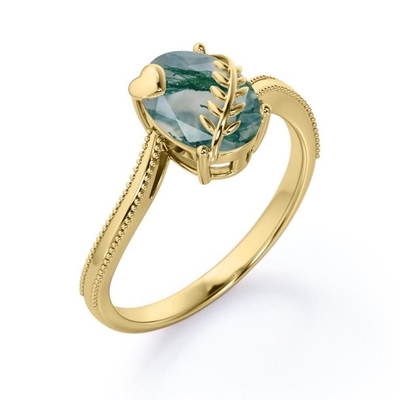 O dente da folha e do coração 1 quilate oval cortou o anel de noivado dendrítico leitoso do solitário de Moss Green Agate Milgrain Edge em 18K Y