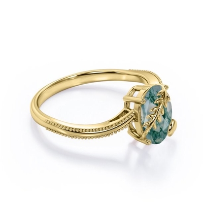 O dente da folha e do coração 1 quilate oval cortou o anel de noivado dendrítico leitoso do solitário de Moss Green Agate Milgrain Edge em 18K Y