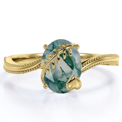 Anel de noivado de pedra de Moss Green Agate Leafy Single do corte redondo no ouro branco