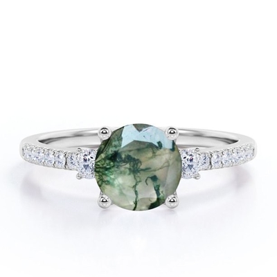 Anel de noivado dendrítico transparente natural de Moss Green Agate And Moissanite 3-Stone da forma redonda