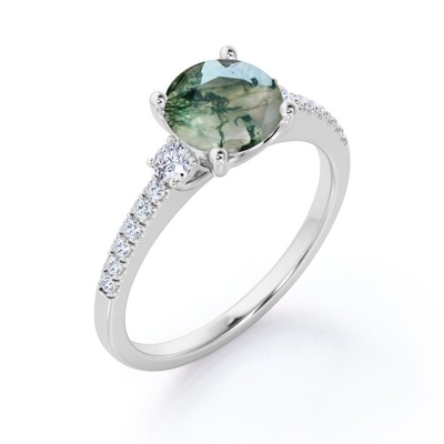 Anel de noivado dendrítico transparente natural de Moss Green Agate And Moissanite 3-Stone da forma redonda
