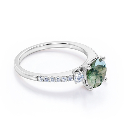 Anel de noivado dendrítico transparente natural de Moss Green Agate And Moissanite 3-Stone da forma redonda