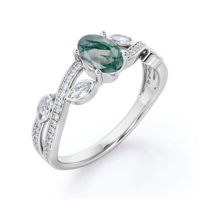 Cruzamento sobre o anel de noivado filigrana leitoso opaco dado forma de Ring In 18K do acoplamento da ágata de Moss Green