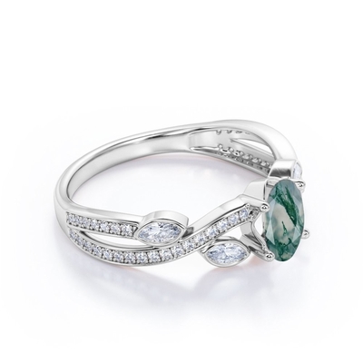Cruzamento sobre o anel de noivado filigrana leitoso opaco dado forma de Ring In 18K do acoplamento da ágata de Moss Green