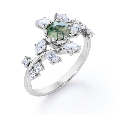 O círculo do dente do projeto 6 da folha do ramo deu forma ao anel opaco de Moss Green Agate And Moissanitet