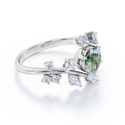 Tiara filigrana de Chevron corte redondo Moss Green Agate e Diamond Wedding Ring Set de 0,6 quilates em Rose Gold