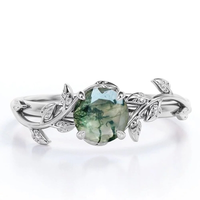 Anel de noivado de pedra de Moss Green Agate Leafy Single do corte redondo no ouro branco
