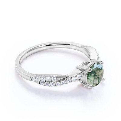Tiara filigrana de Chevron corte redondo Moss Green Agate e Diamond Wedding Ring Set de 0,6 quilates em Rose Gold