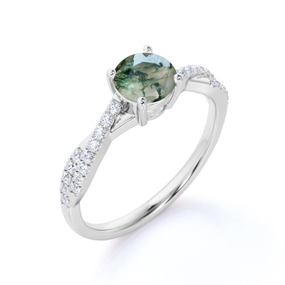 Druzy natural redondo Moss Green Agate And Moissanite pavimenta o anel de noivado torcido da infinidade