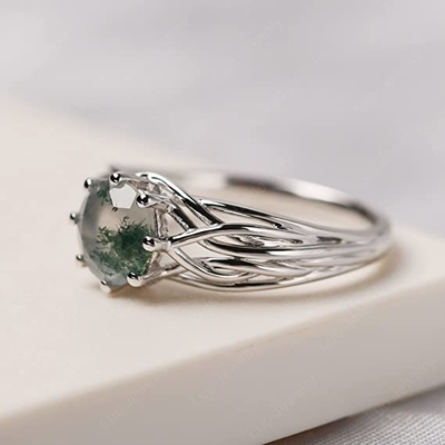 925 Sterling Silver Round Cut 7 milímetros Moss Agate Ring Personalized Promise Ring Abstract Ring para mulheres